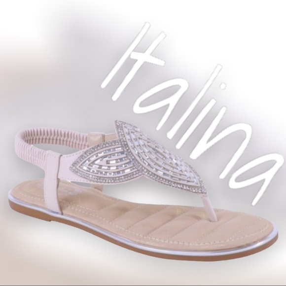 Italina Champagne Art Deco Rhinestone Embellished Flat Thong Slingback Sandal - Picture 2 of 10